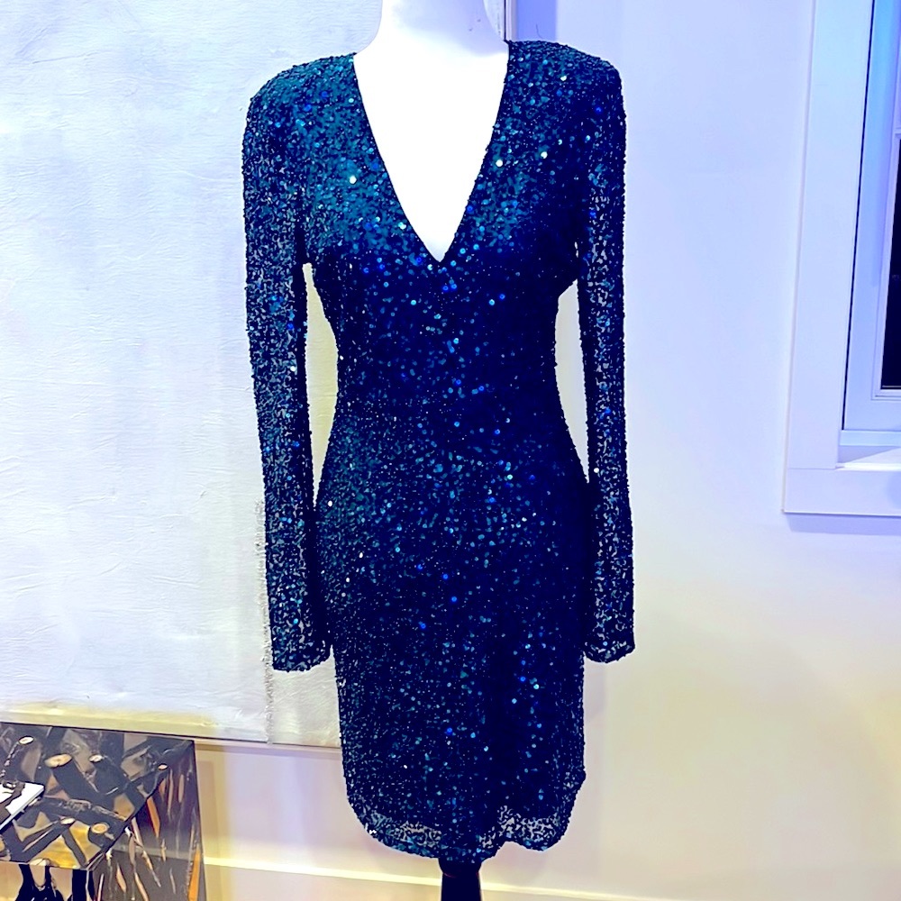 Parker Black Teal Sequin V Neck Mini Dress Size 6